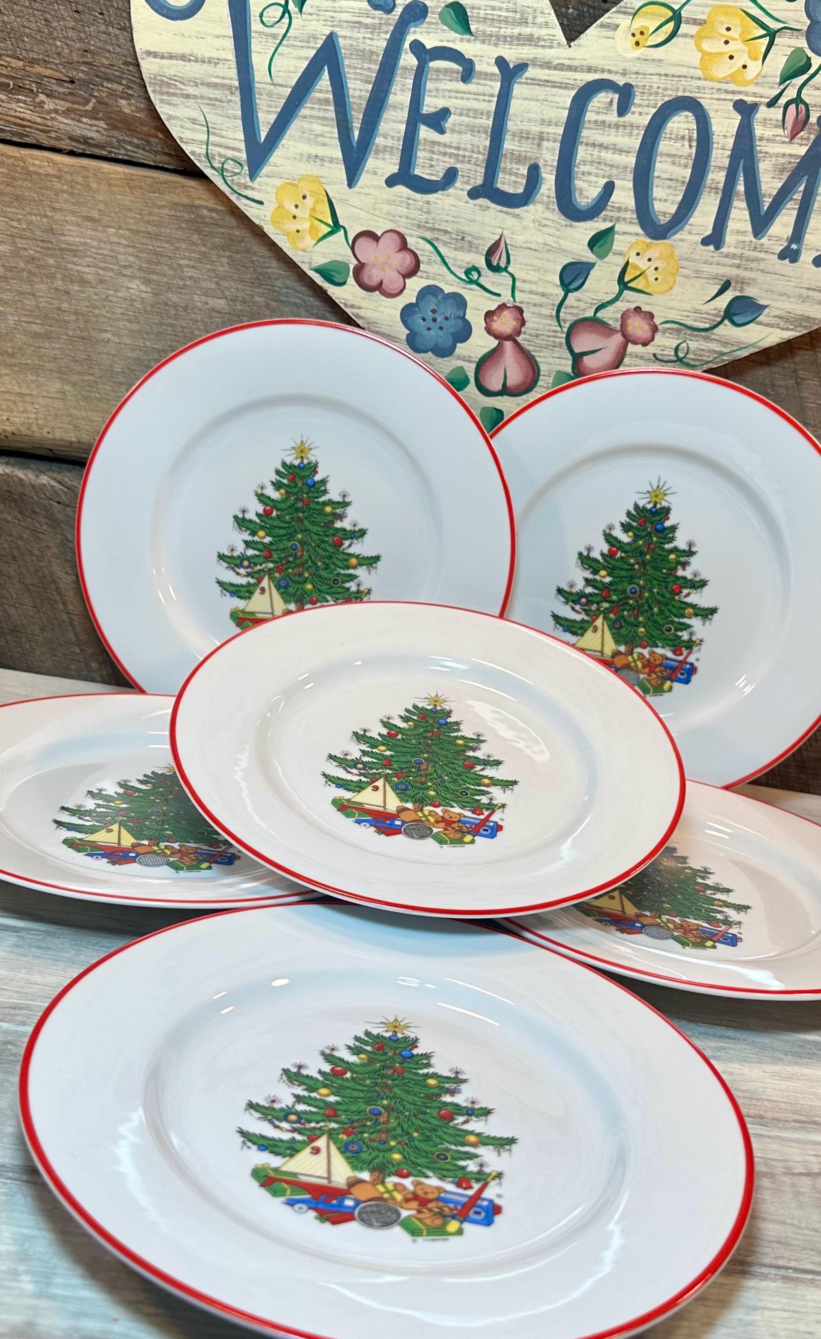 Set of 6 (Six) Cuthbertson American Christmas Tree SALAD PLATES with Red Trim, Christmas, Christmas Dinner, Discontinued, Christmas China