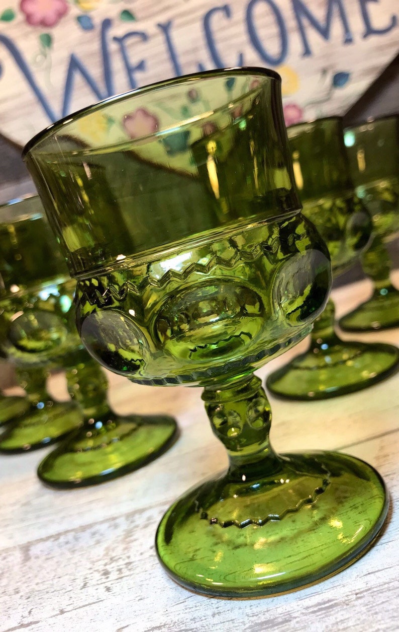 1960/'s Gorgeous Set of 4 GREEN WINE Goblets in the Thumbprint Kings Color Crown Pattern by Colony-Indiana Glass mid century, Retro Four