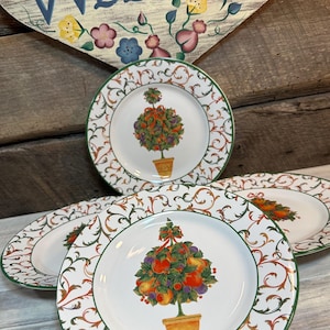 FESTIVE Set of 4 -Christmas Holiday Topiaries Salad/Dessert Plates by CERTIFIED INTERNATIONAL, designed by Pamela Gladding, Christmas