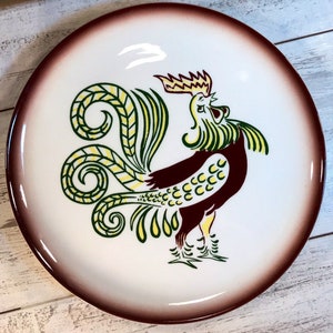 Set of 4 (Four) Chanticleer Rooster DINNER PLATES by BROCK, cabin, cottage, farmhouse, vintage