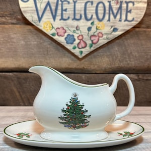 Cuthbertson Original Weihnachtsbaum-Sauciere mit Unterplatte (schmales grünes Band), Weihnachten, Weihnachtsessen, Auslaufartikel,