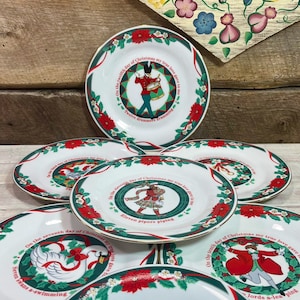 Set of 7 Replacement Accent Salad Plates by TIENSHAN in the Deck The Halls -12 Days of Christmas Pattern, Days 3, 5, 6, 7, 10, 11, and 12