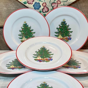 Set von 6 (Sechs) Cuthbertson American Christmas Tree SALATTELLER mit roter Zierleiste, Weihnachten, Weihnachtsessen, eingestellt, Weihnachtsporzellan