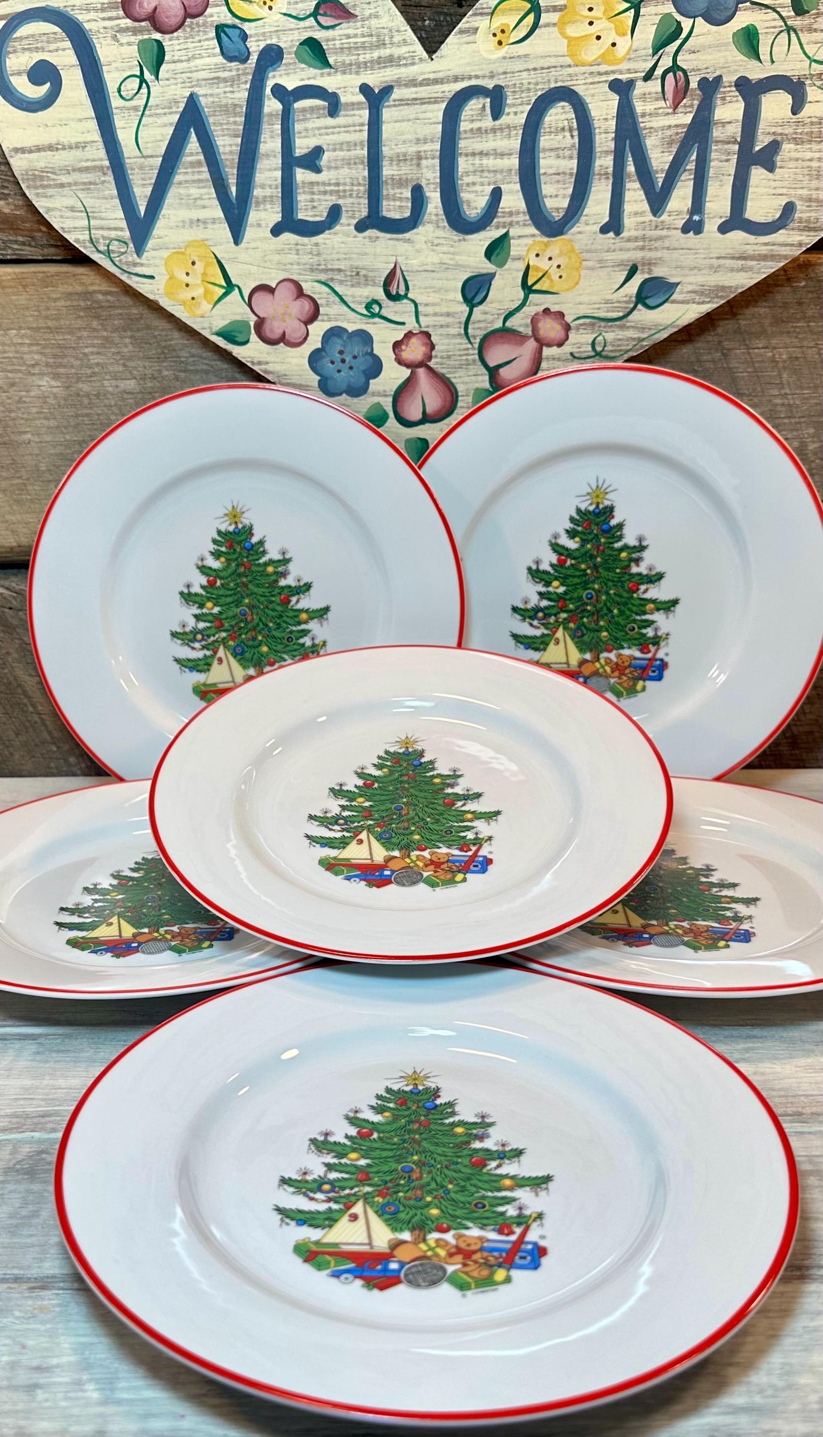 Set of 6 (Six) Cuthbertson American Christmas Tree SALAD PLATES with Red Trim, Christmas, Christmas Dinner, Discontinued, Christmas China