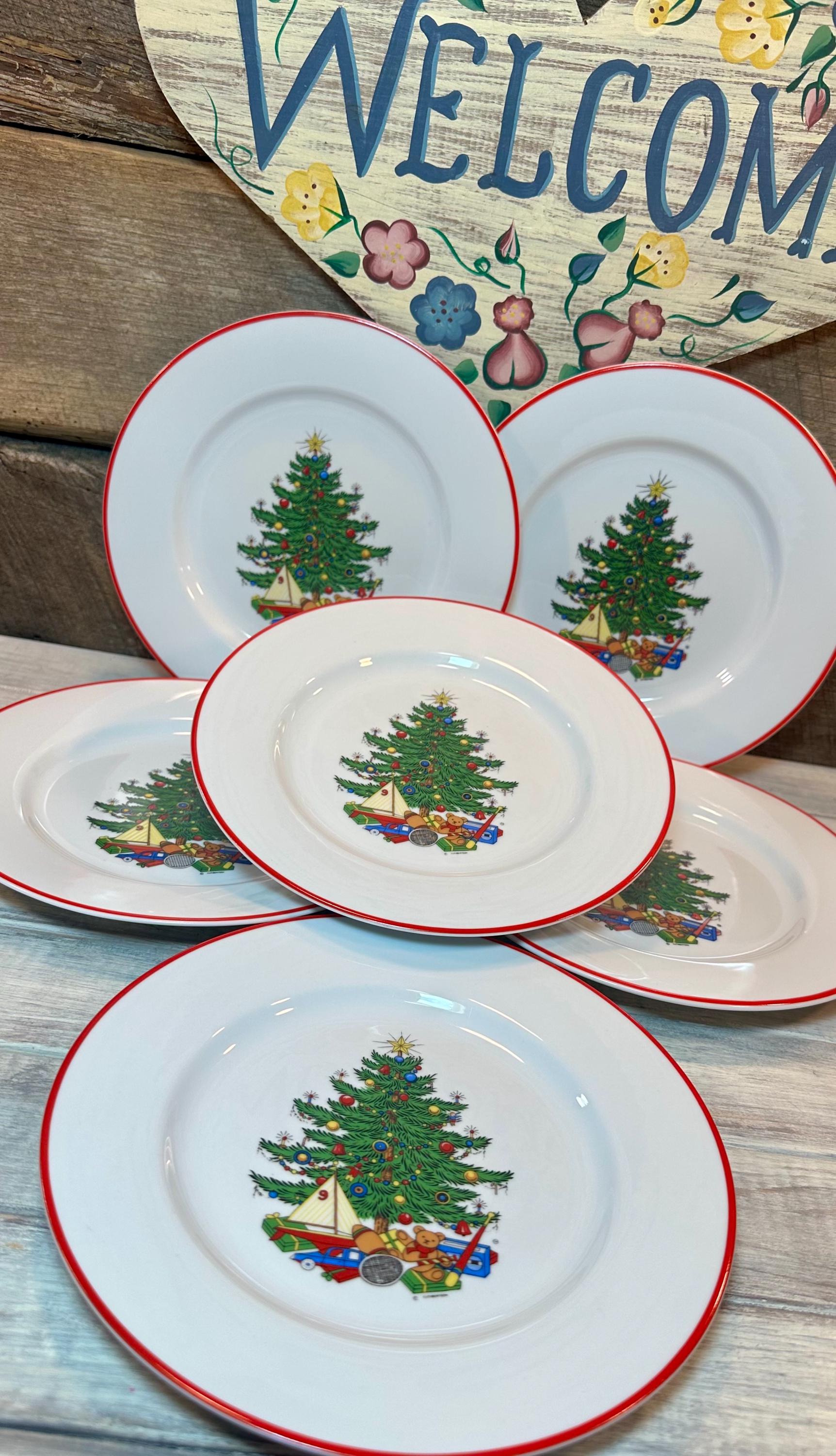 Set of 6 (Six) Cuthbertson American Christmas Tree SALAD PLATES with Red Trim, Christmas, Christmas Dinner, Discontinued, Christmas China