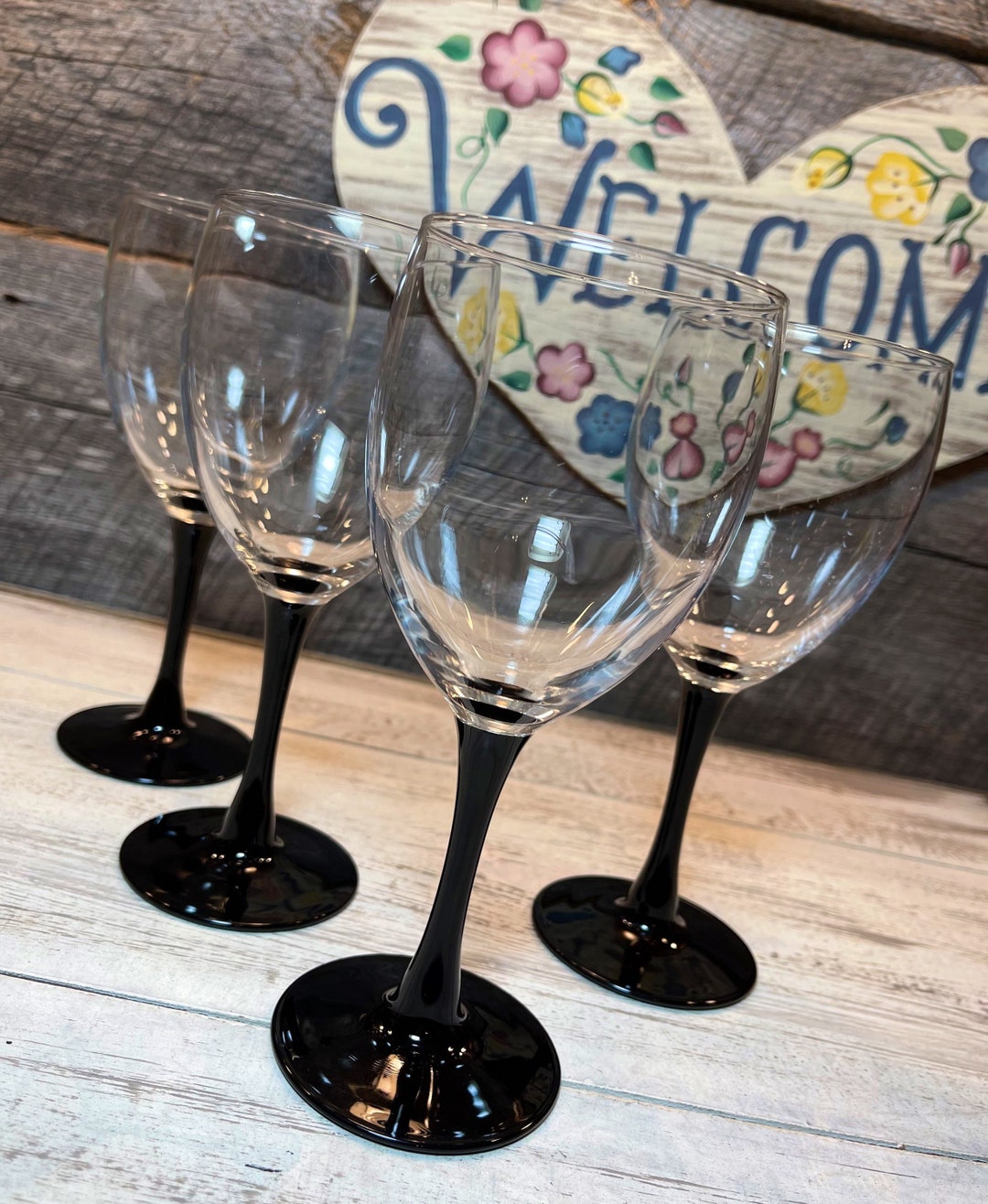 Set of 4 four Black Stemmed WINE Glasses by Cris D' Etsy