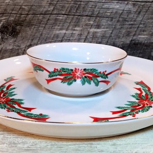 Poinsettia & Ribbon 2 Piece Chip and Dip Set by FAIRFIELD/TIENSHAN, Christmas Dishes, holiday dishes, Christmas plates, Pine and ribbons