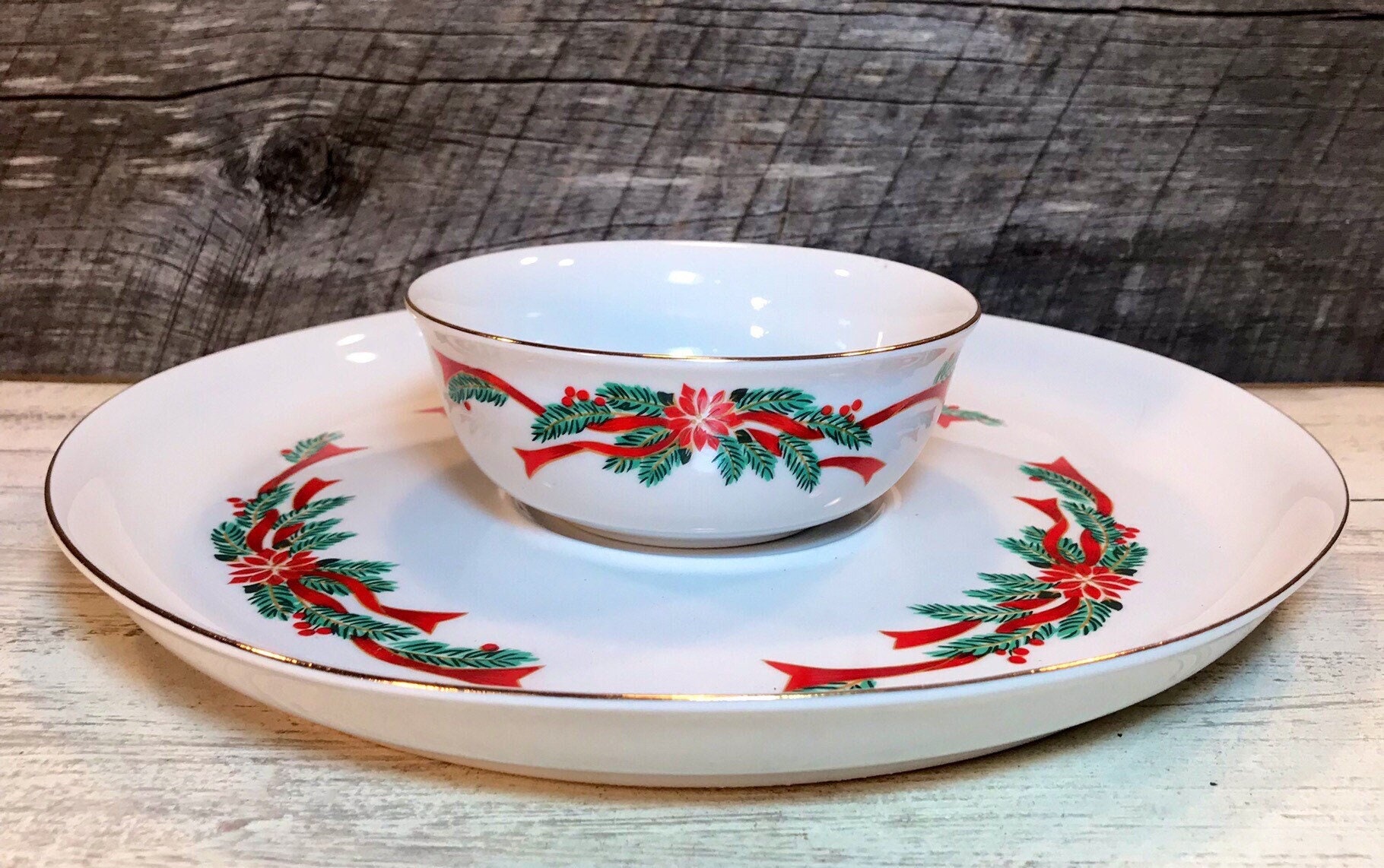 Poinsettia Ribbon Piece Chip and Dip Set by FAIRFIELD/TIENSHAN