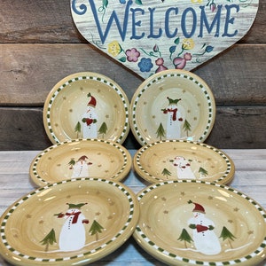 Set of 6 (Six) Sonoma LifeStyle Snowman Christmas Salad/Dessert Plates, DISCONTINUED, Christmas, Christmas Dinner