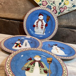 Sakura Snowman Set of 4 (Four) Dessert/Salad PLATES, Christmas, Christmas Dinner,New Year Party,Debbie Mumm, replacements