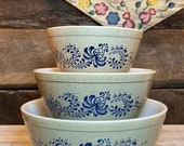 Set of 3 (Three) Pyrex Homestead Mixing Bowls- 403, 402, 401, Collectible Pyrex, Blue Tan
