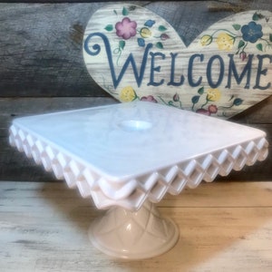 GORGEOUS Indiana Glass SQUARE Milk Glass Cake Stand with DIAMOND pattern edge and pedestal features center Rum Well, weddings,dessert