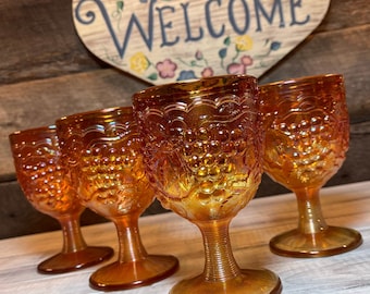 Stunning *Rare* Set of 4 (Four) Vintage Carnival Orange (Marigold) WATER GOBLETS by Imperial Glass, Weddings, Autumn Wedding, Thanksgiving