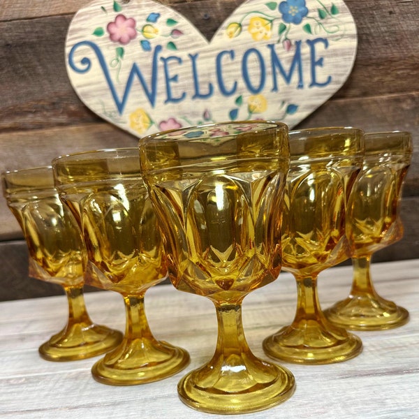 Set of 5 (Five) Anchor Hocking FAIRFIELD Amber WATER Goblet, mod,retro, weddings