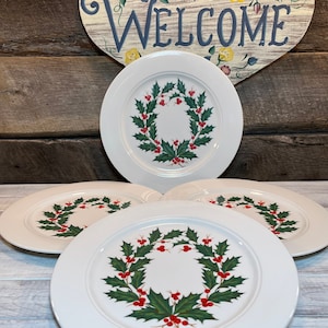 Set von 4 (Vier) Vintage Homer Laughlin Holly Wreath DINNER TELLER, Weihnachten, Weihnachtsessen, eingestellt, Made in den USA