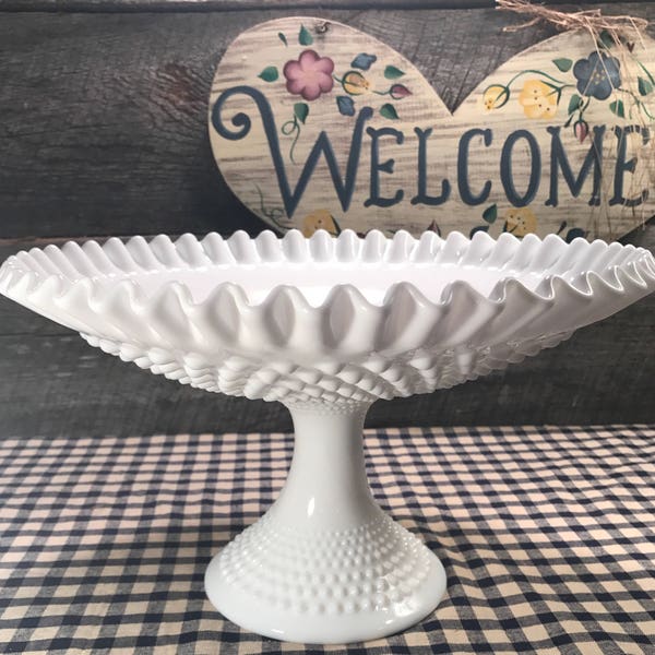 BEAUTIFUL LARGE Fenton Milk Glass Hobnail Pedastal Footed Bowl, Elegant Serving Dishes, Weddings,cottage, dessert table