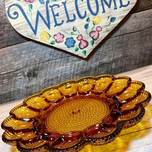 Indiana Glass Vintage AMBER Glass Egg Plate, Egg Relish Tray, Relish tray, Deviled Egg tray, retro,