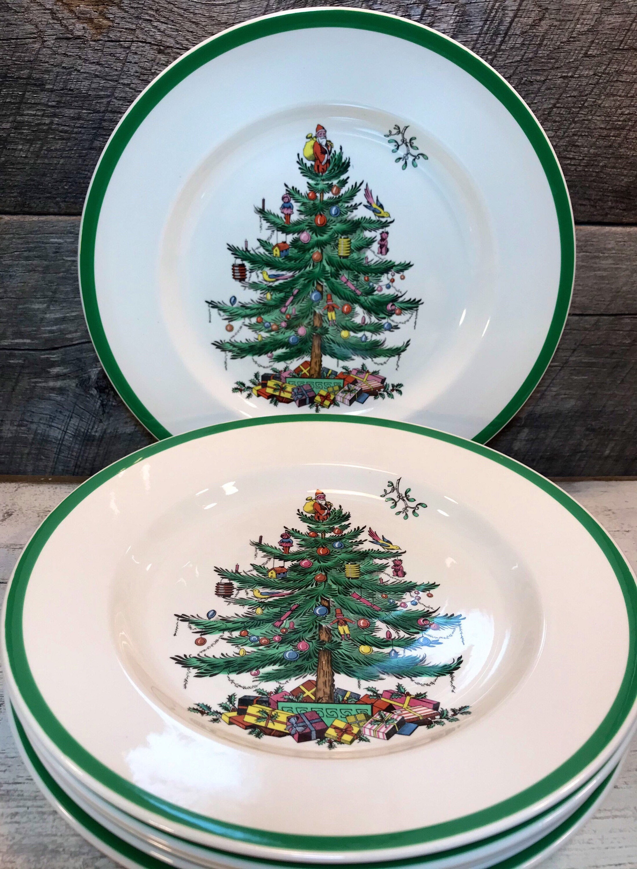 Set of (FOUR) SALAD Plates Spode Christmas Tree (green Trim
