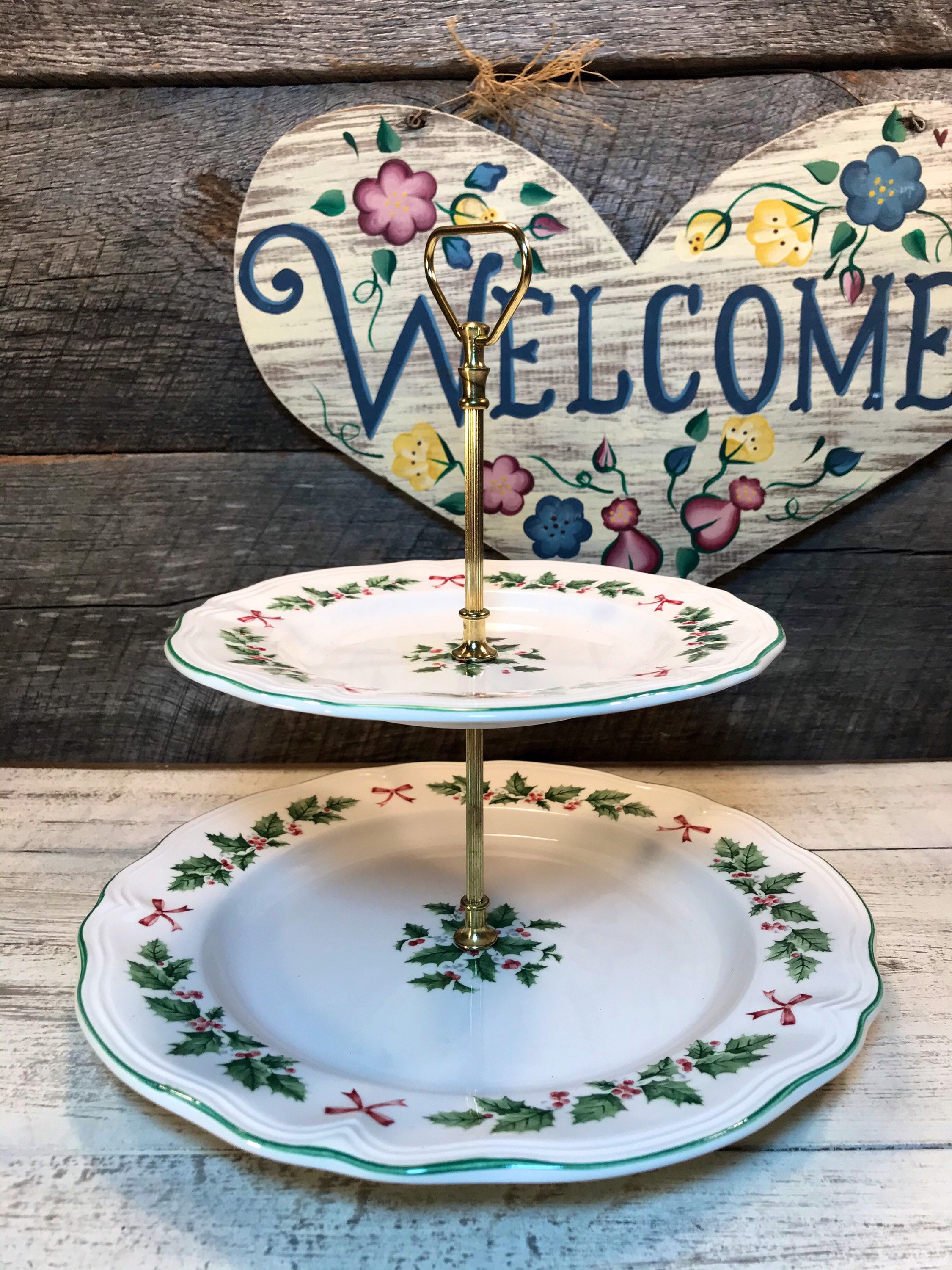 Nikko Festive Holly 2 Tiered Serving Tray, Christmas