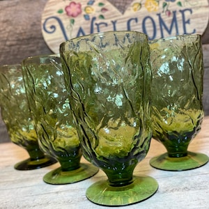Set of 4 (Four) Mid Century Seneca Driftwood Olive Green Water Goblets, 14 oz  handblown glass, cottage, retro