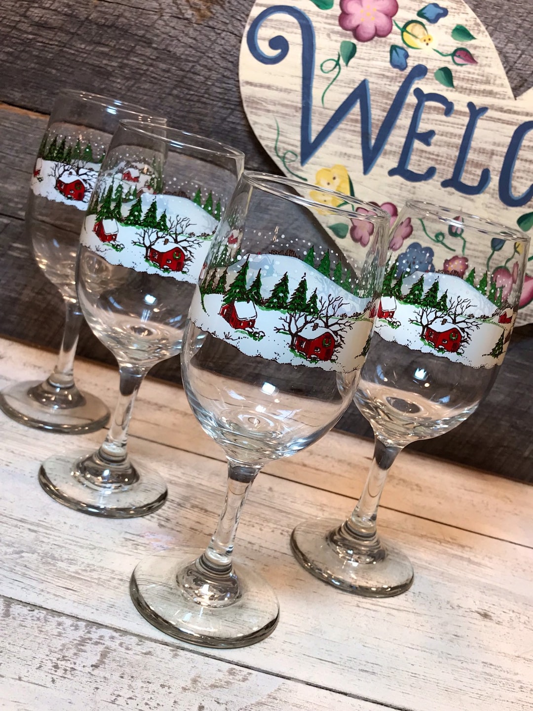 Etched Multicolor Christmas Stemmed Wine Glasses Set of 4