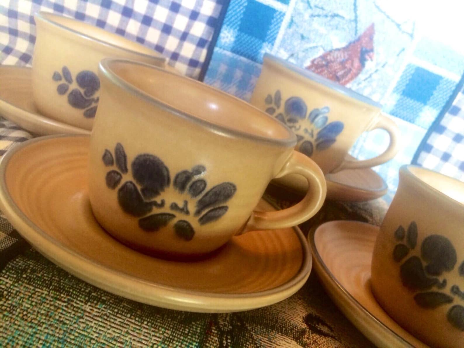 Set of 4 FOUR Pfaltzgraff Folk Art CUPS and SAUCERS Cabin Etsy
