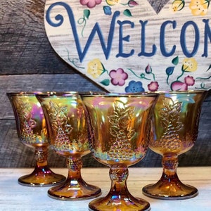 STUNNING -Set of 4 (FOUR)- Harvest Gold/Amber Carnival Glass Goblets by Indiana Glass, Retro, mid century, mod, gothic