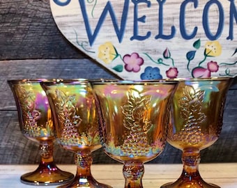 STUNNING -Set of 4 (FOUR)- Harvest Gold/Amber Carnival Glass Goblets by Indiana Glass, Retro, mid century, mod, gothic