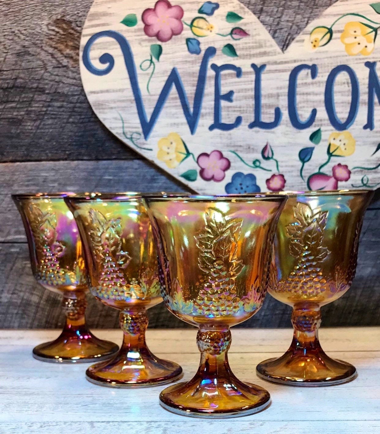 STUNNING -set of 4 (FOUR)- Harvest Gold/amber Carnival Glass