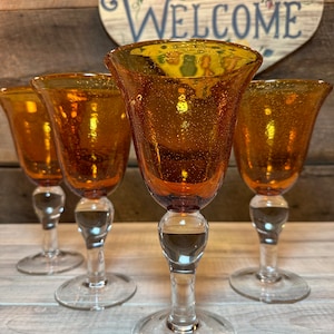 Gorgeous Set of 4 (Four) Iris Pattern Butterscotch Amber WATER Goblets by ARTLAND, Thanksgiving, weddings, Dinner Party, Blown Glass,