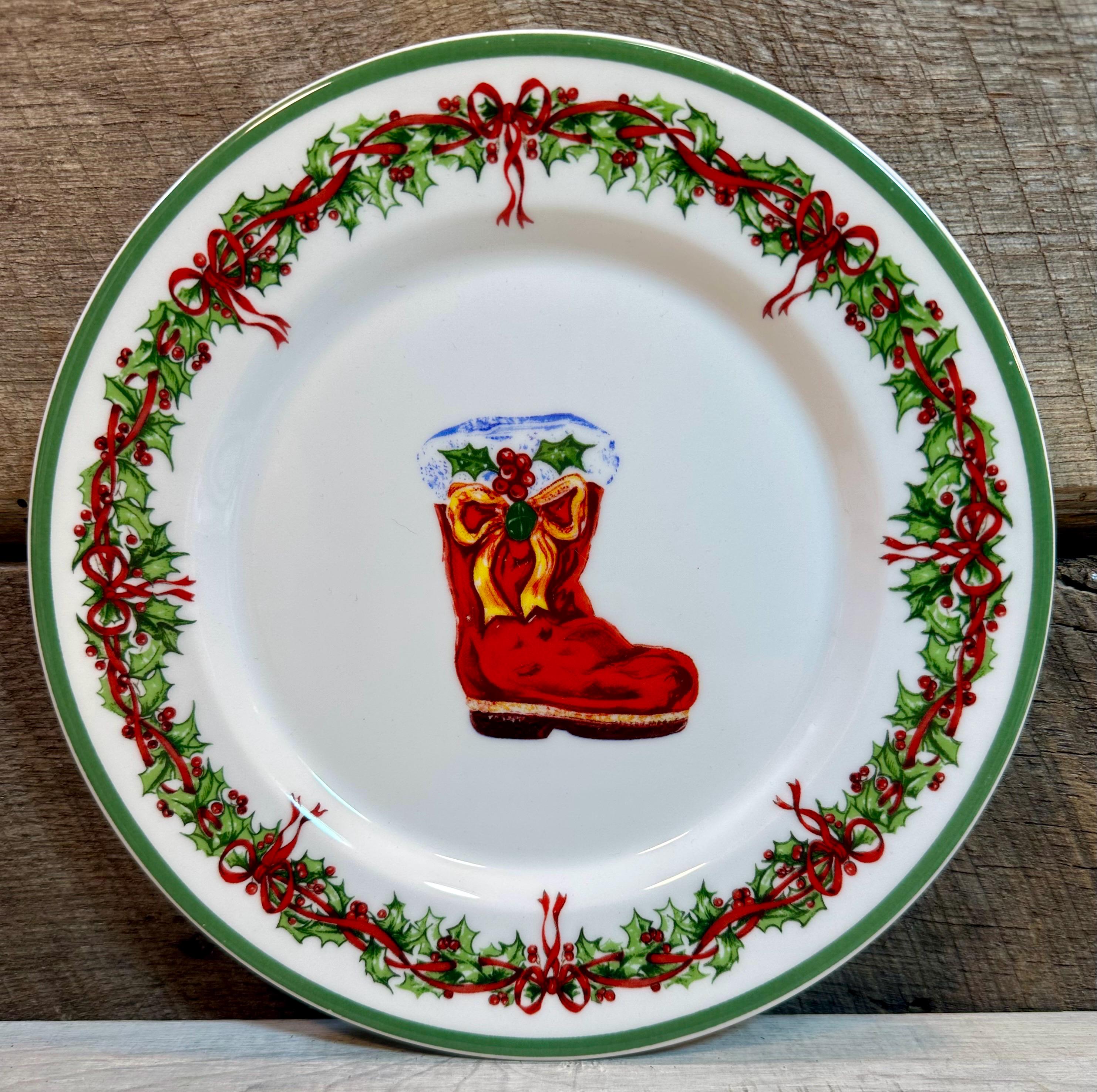 Set of 4 (Four) SALAD PLATES in the Holiday Celebrations (Green Trim) Pattern by Christopher Radko, Santa, Boot, Gingerbread House, Snowman,