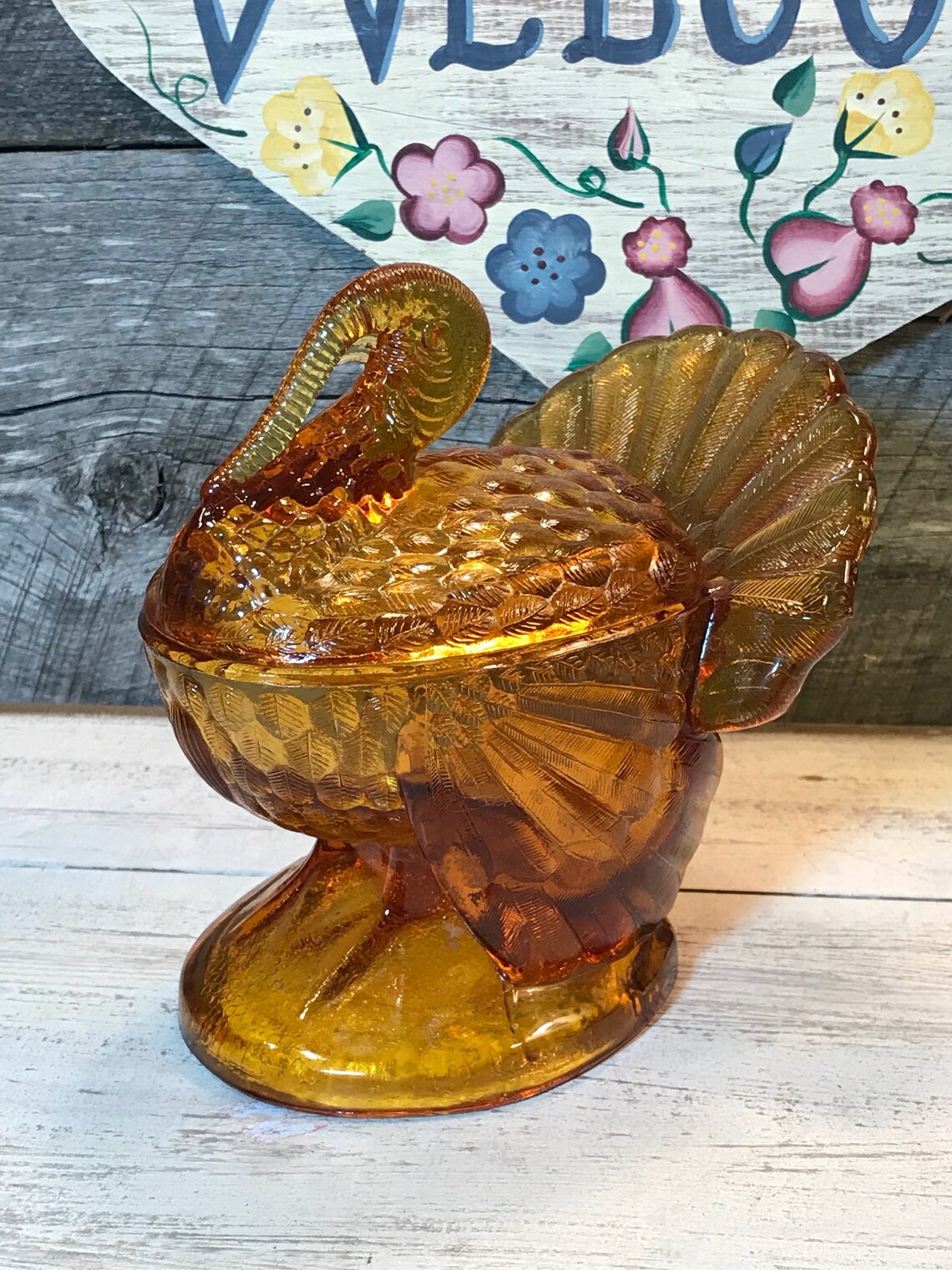 1950's L.E. Smith Amber Glass Turkey Candy Dish Etsy
