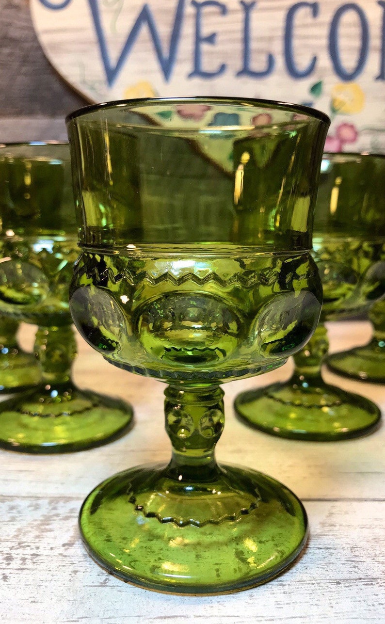 1960/'s Gorgeous Set of 4 GREEN WINE Goblets in the Thumbprint Kings Color Crown Pattern by Colony-Indiana Glass mid century, Retro Four