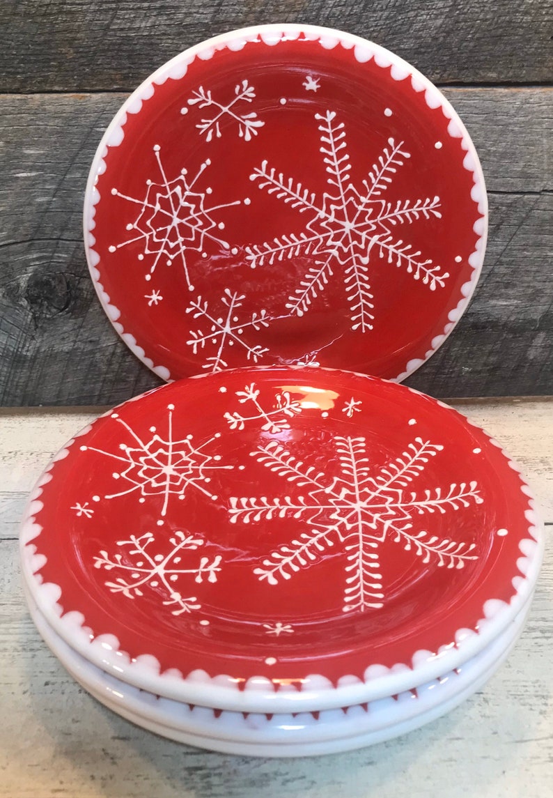 Set of 4 Christmas Snowflake SALAD PlatesRed with Beautiful Etsy