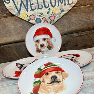 Adorable Set of 4 (Four) - PIER 1 Imports Christmas Puppies Dessert/Salad PLATES- with original box, Christmas Dishes, DISCONTINUED