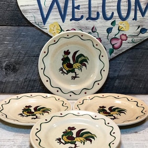 Set of 4 (Four) California Provincial Bread & Butter PLATES by Metlox - Poppytrail - Vernon, Red/Green Rooster, cabin, cottage, farmhouse,