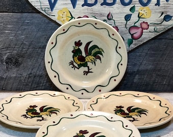 Set of 4 (Four) California Provincial Bread & Butter PLATES by Metlox - Poppytrail - Vernon, Red/Green Rooster, cabin, cottage, farmhouse,