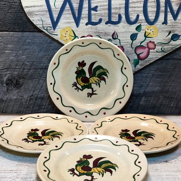 Set of 4 (Four) California Provincial Bread & Butter PLATES by Metlox - Poppytrail - Vernon, Red/Green Rooster, cabin, cottage, farmhouse,