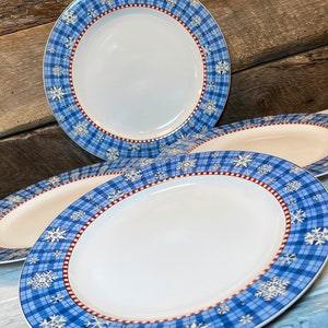 Vintage Winter Frost Dinnerware Set by Sakura Dinner Plates & Mugs Blue and White Snowflake on Rim