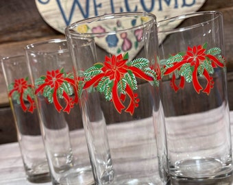 Set van 4 (VIER) kerstster en linten HIGHBALL/Iced Tea GLASSES van Anchor Hocking, servies, bourbon, scotch, gin, rum