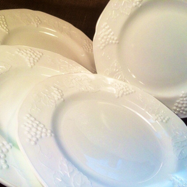 Beautiful Set of 4 (Four) Harvest Pattern Milk Glass 8” Luncheon/Salad/ Dessert Plates by Colony, Weddings, , Indiana Glass