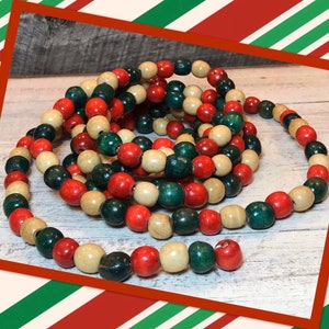 Vintage 8 foot 11 inch Strand of RED, GREEN & WHITE Wooden Bead Christmas Garland, vintage Christmas, country Christmas,