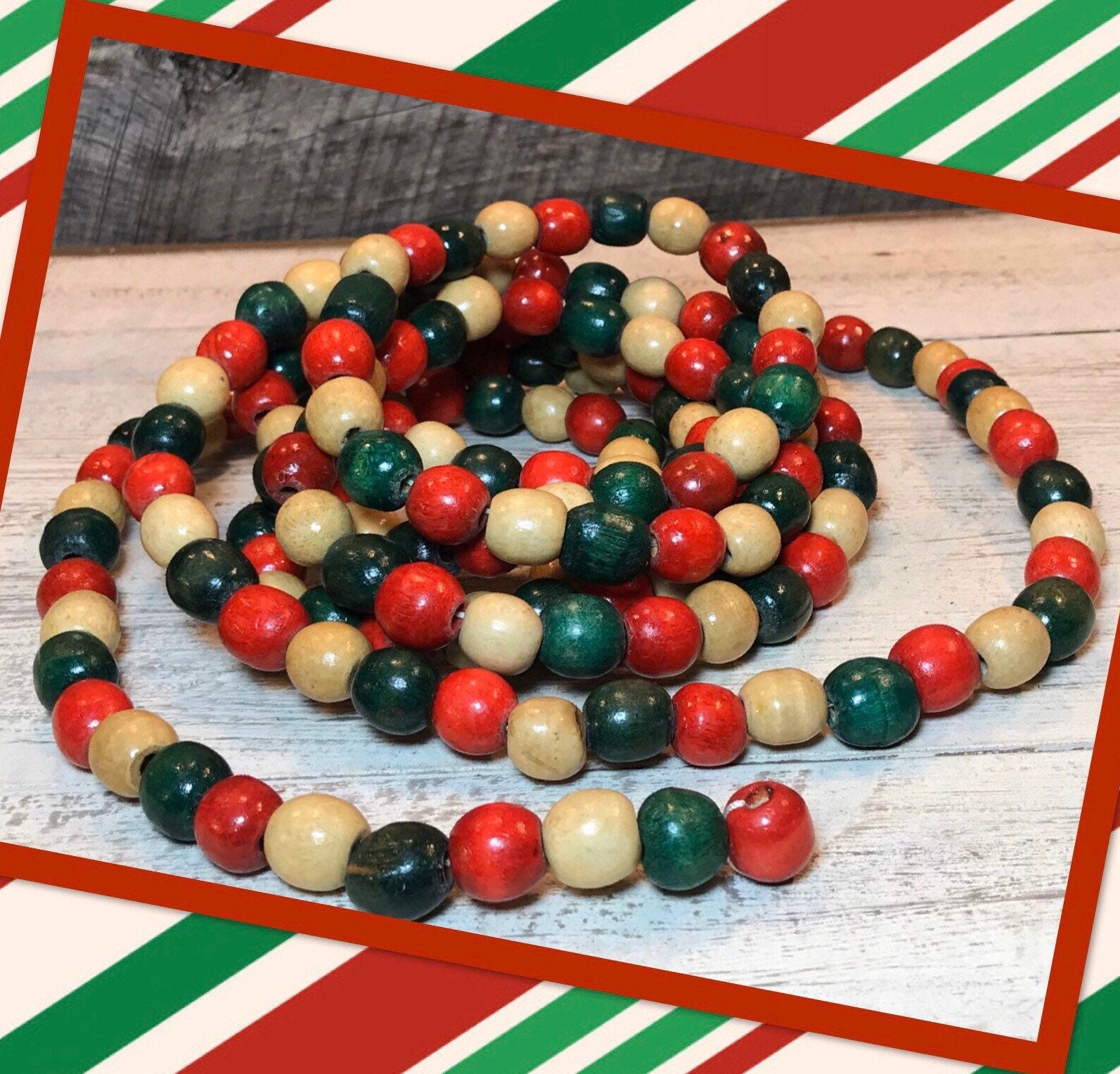 Vintage 8 Foot 11 Inch Strand of RED, GREEN & WHITE Wooden Bead