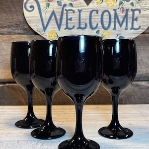 Set of 4 (Four) Libbey Premiere Black BLACK WATER Goblets, Black Glass, Weddings, Dinner Parties, Events, Black Tie, Black Stemware,