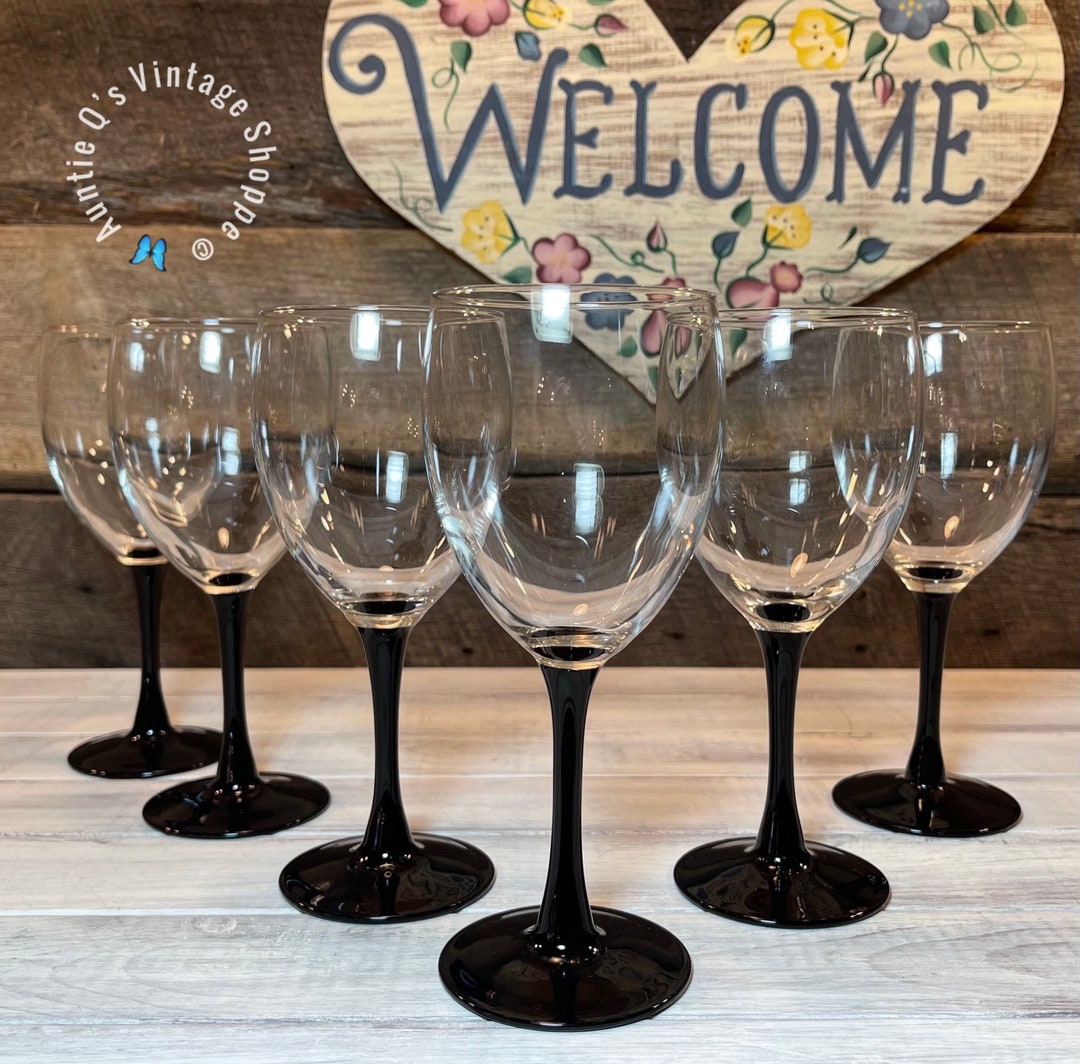 Set of 6 six Black Stemmed WINE Glasses by Cris D' Arques Luminarc