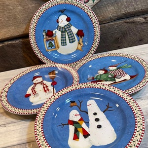 Sakura Snowman Set of 4 (Four) Dessert/Salad PLATES, Christmas, Christmas Dinner,New Year Party,Debbie Mumm, replacements