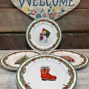 Set of 4 (Four) SALAD PLATES in the Holiday Celebrations Pattern by Christopher Radko, Boot, Gingerbread House, Snowman, Christmas Tree