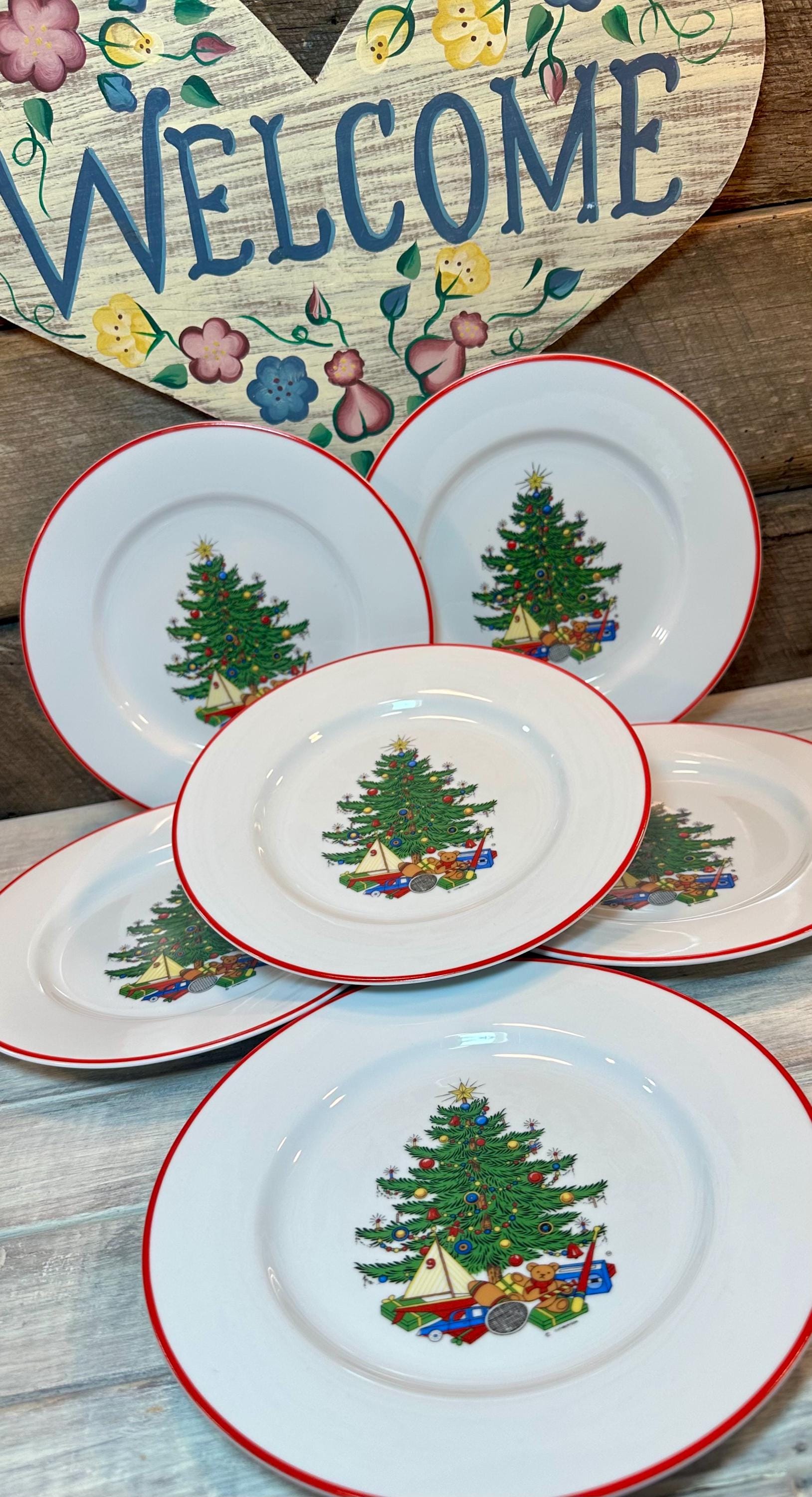 Set of 6 (Six) Cuthbertson American Christmas Tree SALAD PLATES with Red Trim, Christmas, Christmas Dinner, Discontinued, Christmas China