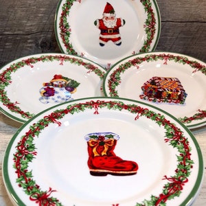 Set of 4 (Four) SALAD PLATES in the Holiday Celebrations (Green Trim) Pattern by Christopher Radko, Santa, Boot, Gingerbread House, Snowman,