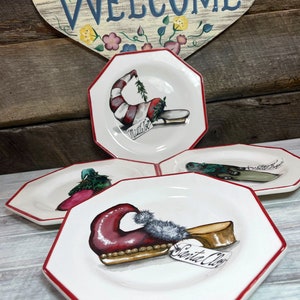 Fabulous Set of 4 (Four) Holiday Lane Christmas Shoes Dessert/Salad PLATES, Christmas, Christmas Dinner,New Year Party, replacements
